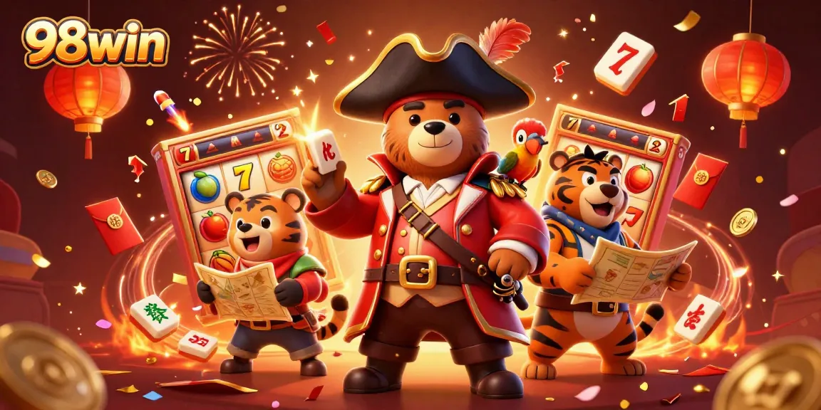 Experience thrilling jackpots with 98win's vibrant casino adventure in a colorful illustration.