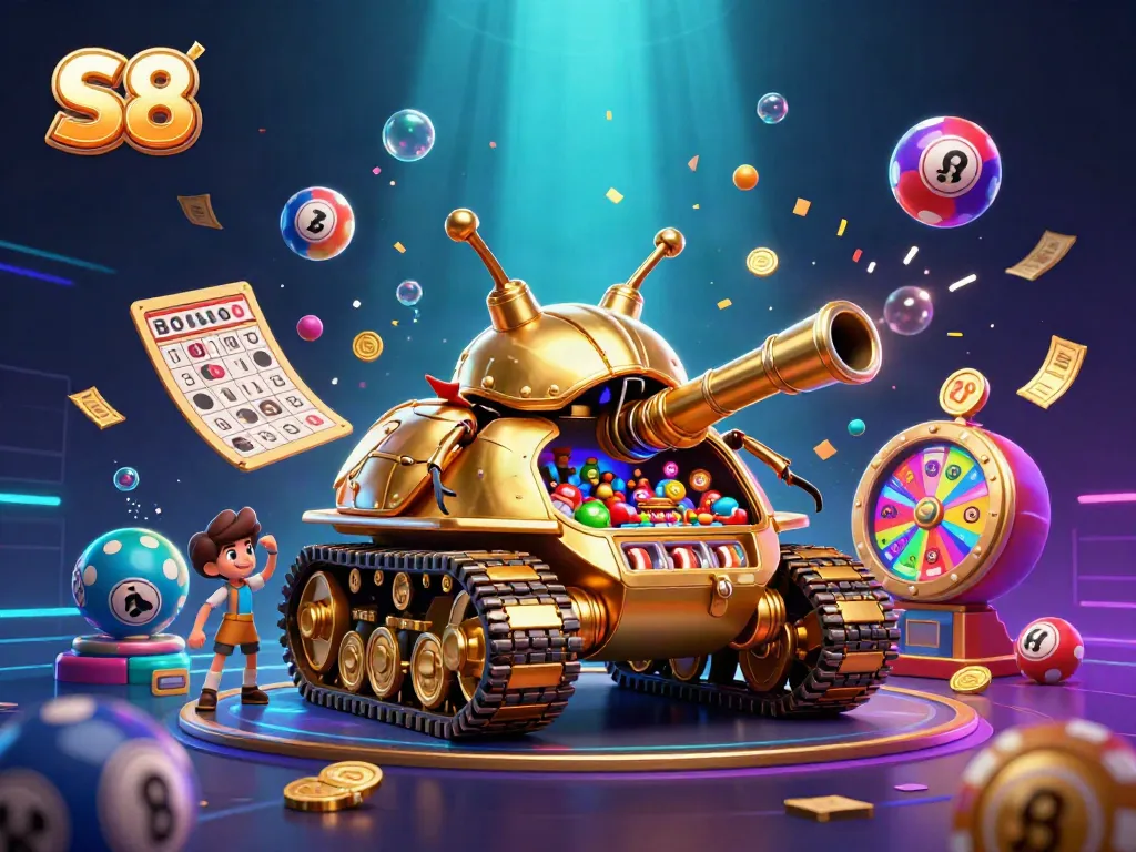Experience the excitement of S8's vibrant casino tank, overflowing with lottery balls and confetti.