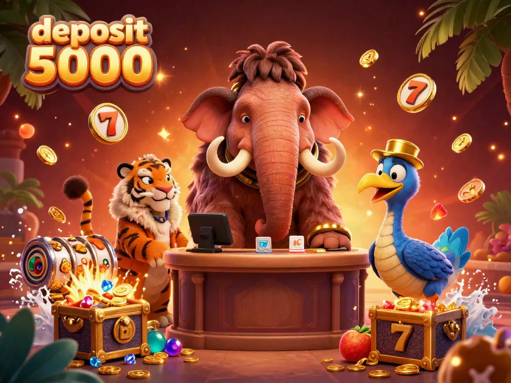 Experience the thrill of deposit 5000 slots in this vibrant 3D scene featuring a woolly mammoth bouncer.