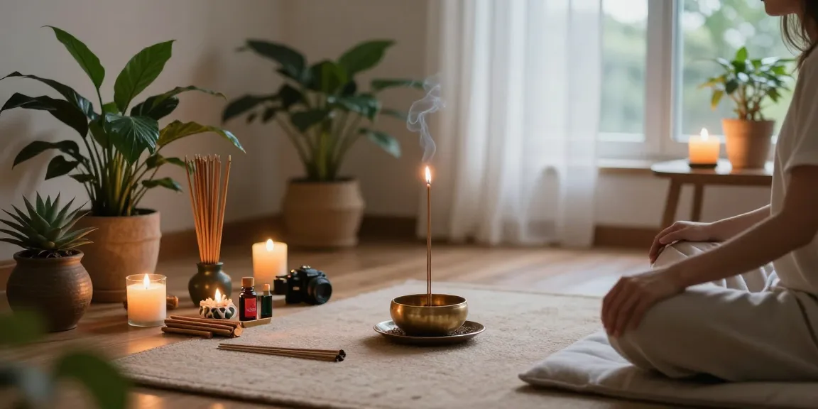 hem-incense-sticks-review showcasing a serene meditation space with glowing HEM incense