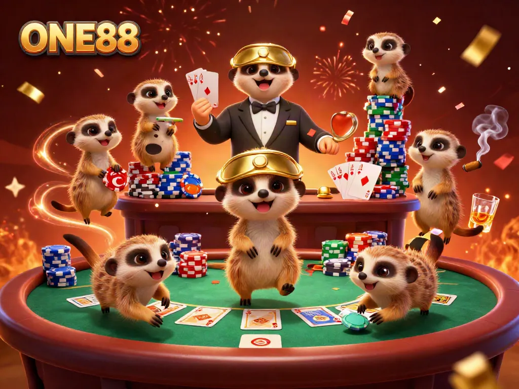 Experience gaming excitement at ONE88 with a community of meerkats running a vibrant casino.