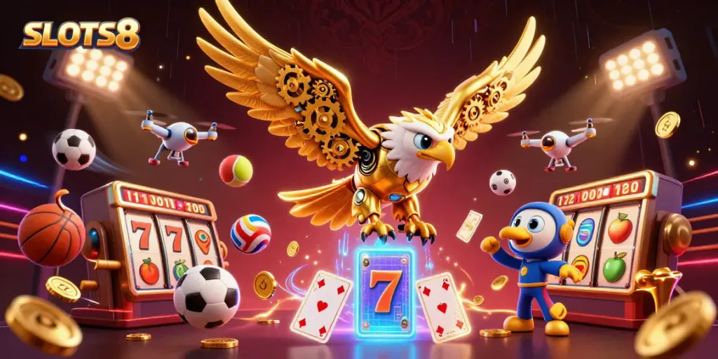 SLOTS8 showcases a cartoon cybernetic eagle among jackpots and vibrant game elements, embodying casino excitement.