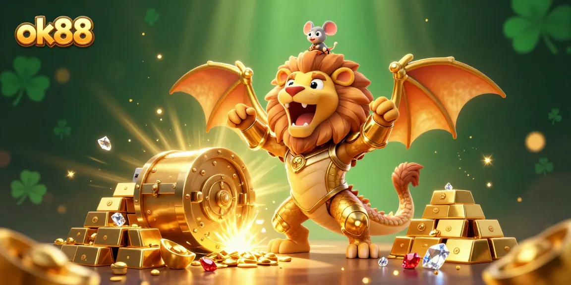 Engage in exciting wins at ok88 with roaring chimera and treasure-filled 3D illustration.