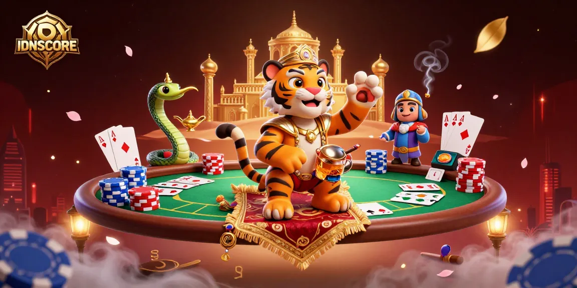 Experience IDNSCORE's thrilling gaming atmosphere with vibrant characters and poker elements.