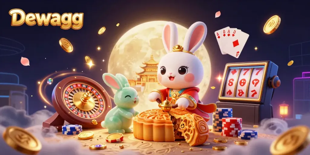 Dewagg presents a captivating scene of a moon rabbit celebrating with poker chips and impressive casino elements.