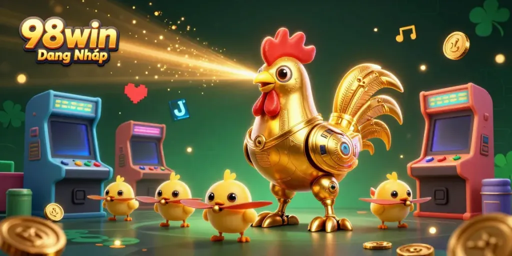 Experience the excitement of 98win Đăng Nhập with a golden rooster robot and arcade elements in a casino atmosphere.