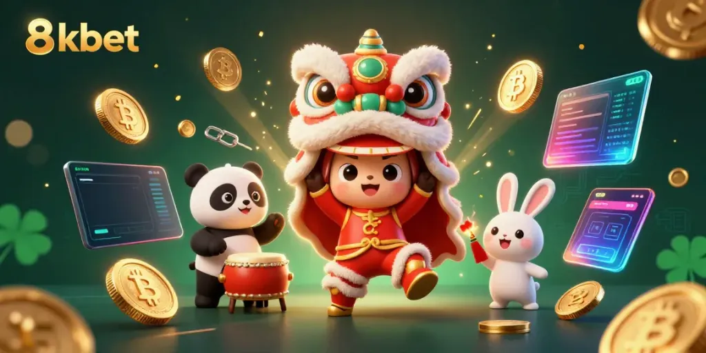 Engage in thrilling gameplay at 8kbet, featuring a lively lion dance and digital casino elements.