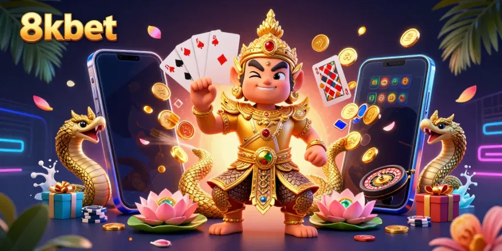 Experience thrilling gaming with 8xbet featuring vibrant casino elements and Thai guardian in 3D