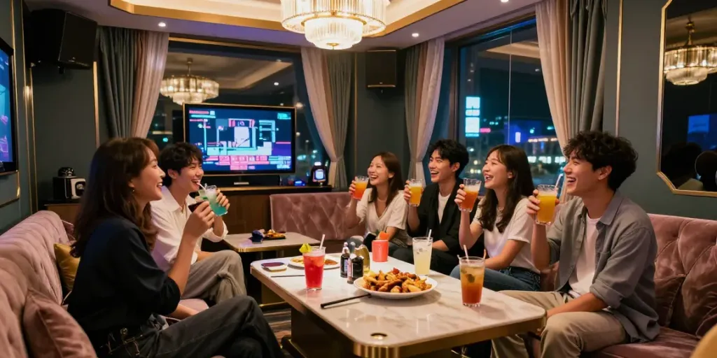 강남달토의 고급스러운 노래방 내부, 친구들이 즐거워하며 모여 있는 모습