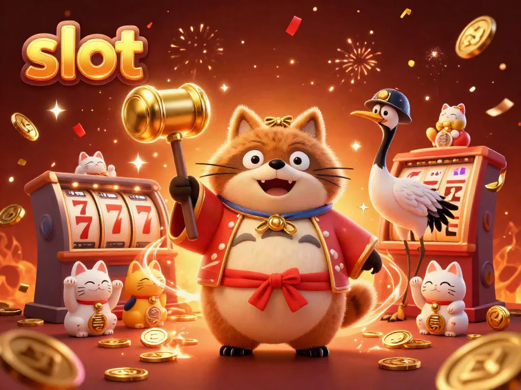 Menggenggam slot emas, tanuki berbusana festival tradisional berpose bersama kucing keberuntungan dalam latar nuansa kasino.