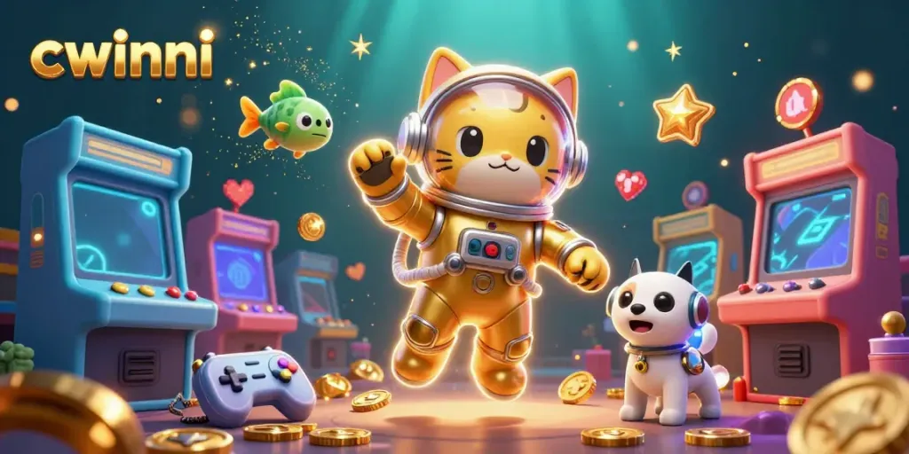 Cwinni's exciting 3D illustration of a space-themed casino adventure with colorful game elements.
