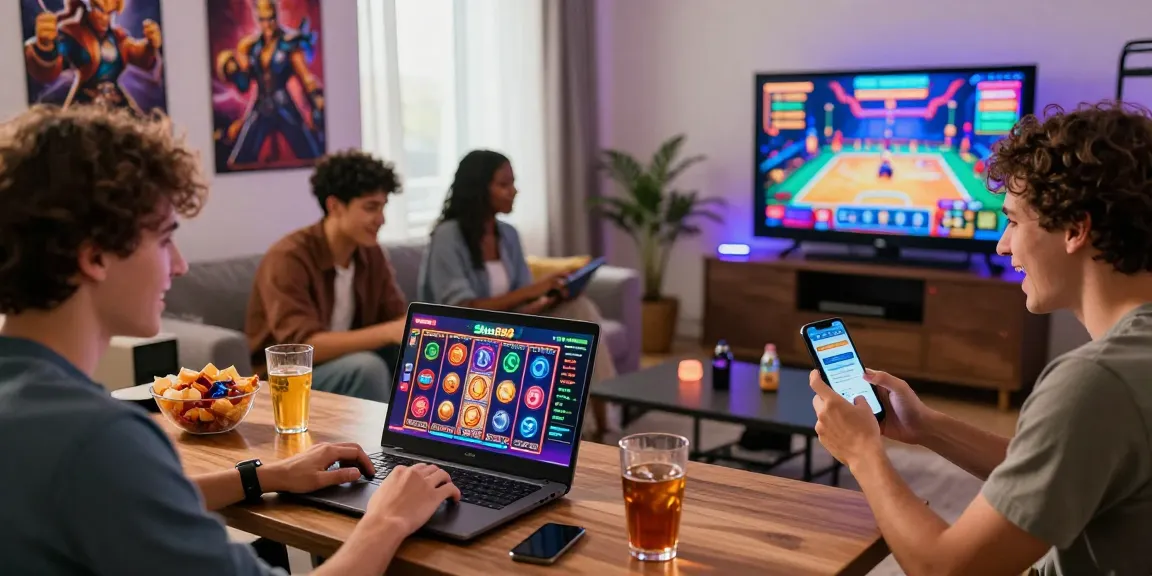 Friends enjoying Situs888 online slots in a lively home gaming setup with snacks and live betting.