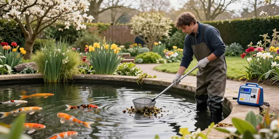 Pond Cleaning Essex - Professional cleaner maintaining a vibrant koi pond in Essex