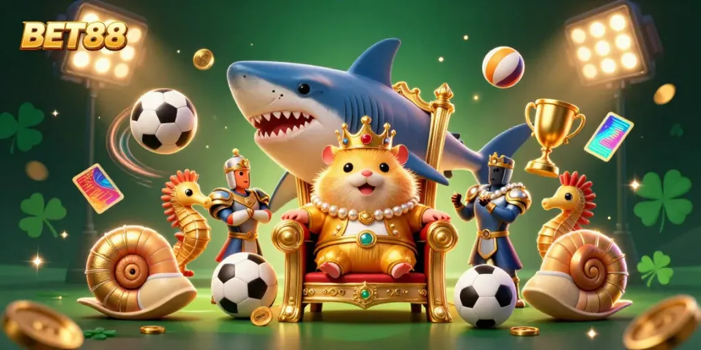Experience the thrilling BET88 casino undersea world with a golden hamster king, sports balls, and trophies.