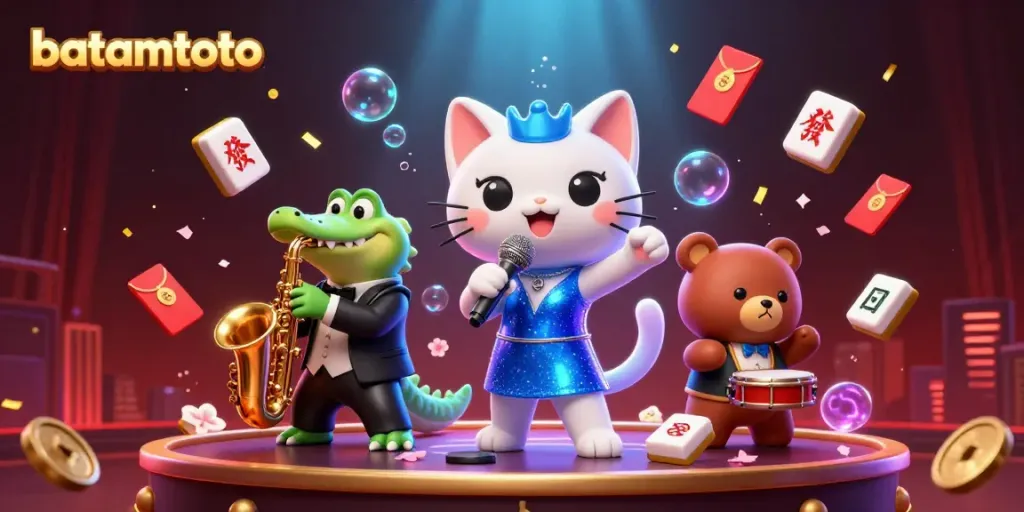 Experience batamtoto with a lively 3D illustration featuring vibrant casino characters and elements.