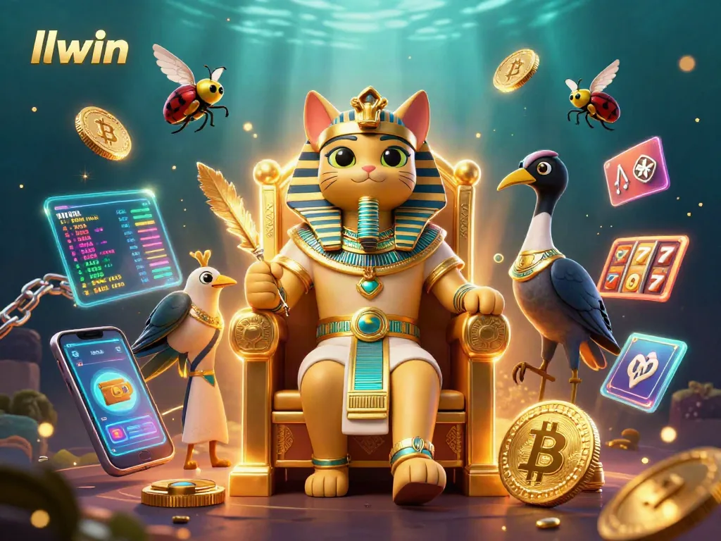 Engage with llwin's vibrant gaming world featuring a pharaoh cat, coins, and slot reels.