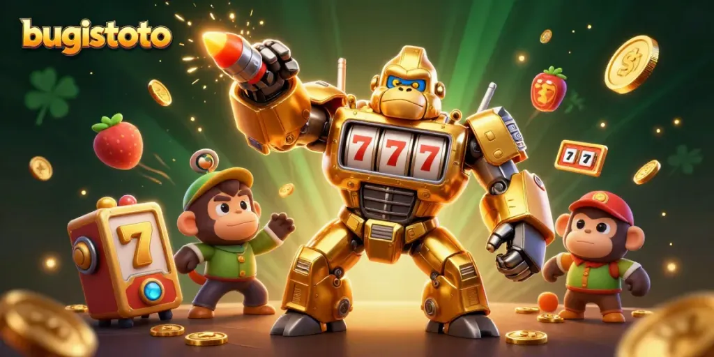 Engage in thrilling slot gaming with bugistoto, featuring a dynamic golden gorilla mech and vibrant game elements.