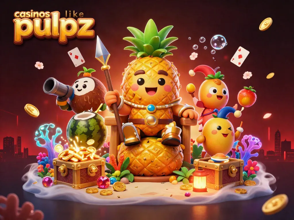 Engage in fun with casinos like pulsz featuring a vibrant beach scene with casino characters juggling coins and treasures.