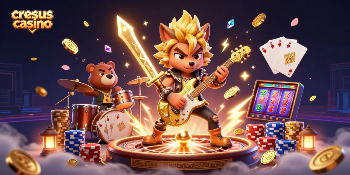 Le Casino Cresus présente une scène dynamique avec un loup rock star et un ours batteur entourés d'éléments de casino, mettant en avant l'excitation du jeu.