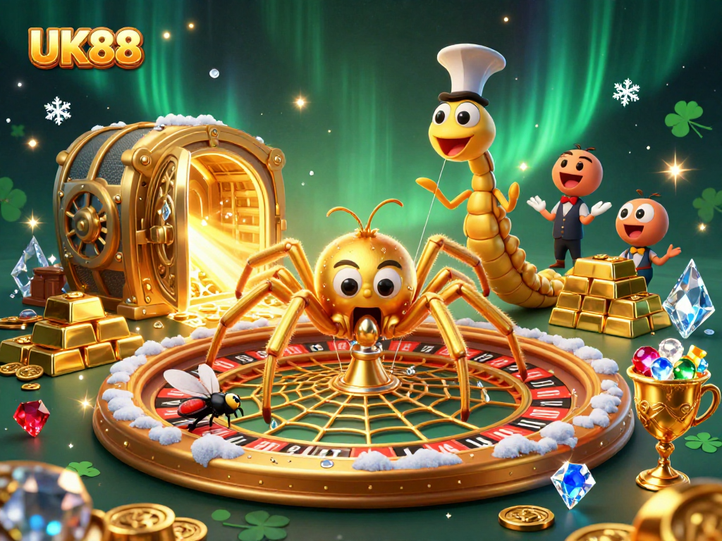 Engage with UK88's thrilling roulette scene featuring a spider and croupier in a golden web.