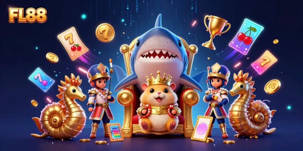 FL88 gleams in a vibrant scene showcasing a golden hamster king amid thrilling slot game symbols.