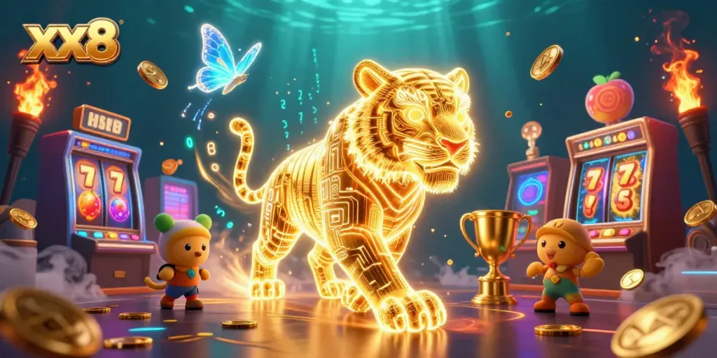 Experience the vibrant digital casino landscape with xx8 featuring a neon tiger and dynamic slot elements.