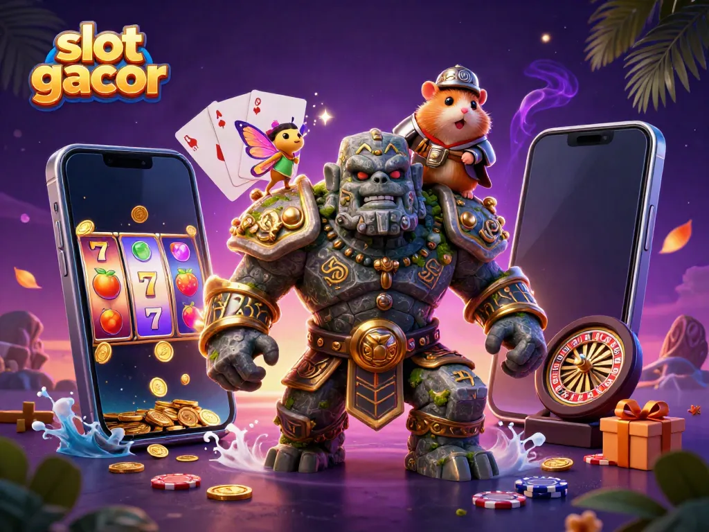Experience the excitement of slot gacor with a magical 3D scene of a golem, fairy, and hamster knight.