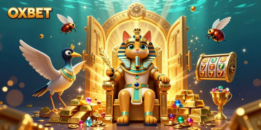 Engage in the OXBET experience with slot elements and a royal gambling scene.