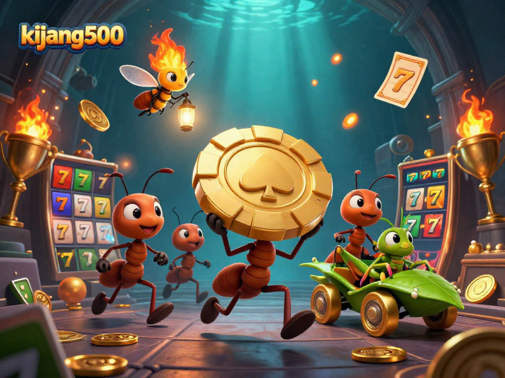 Join the kijang500 heist as ants carry a giant poker chip, dodging golden slots and coins.