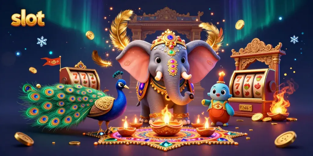 Experience the thrill of winning at slots with vibrant characters and festive decorations in this captivating illustration.