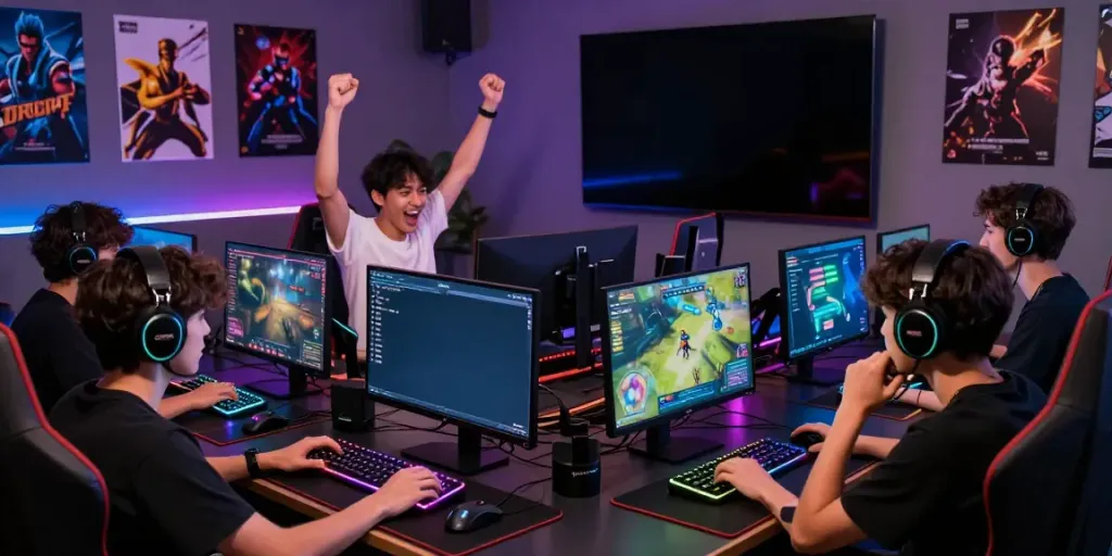 Exciting group gaming scene showcasing friends engaged in online games with LED-lit equipment, highlighting the thrill of multiplayer gaming.
