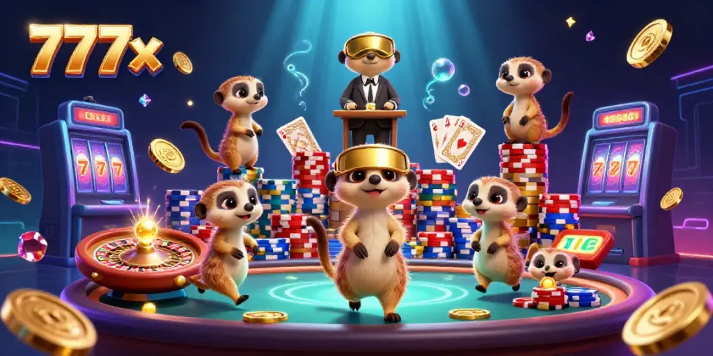 Engaging meerkats orchestrating vibrant casino action at 777x with coins and gems scattered