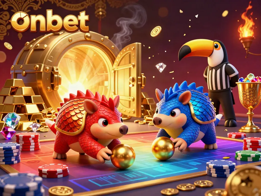 Experience thrilling gaming action with onbet's rival pangolins in a vibrant casino scene of gold and gems.