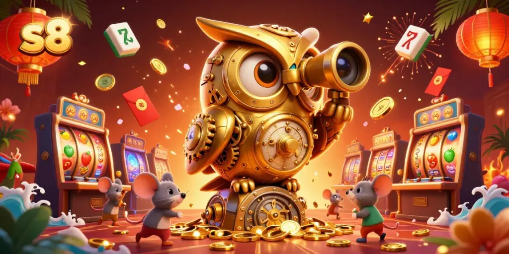 Experience the thrilling s8 casino atmosphere with a golden owl and slot machines.