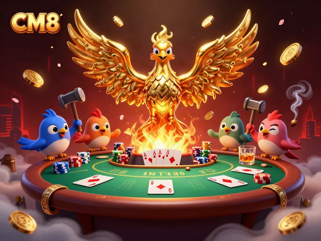 Experience thrilling CM8 casino games with a molten phoenix, poker elements, and captivating visuals.