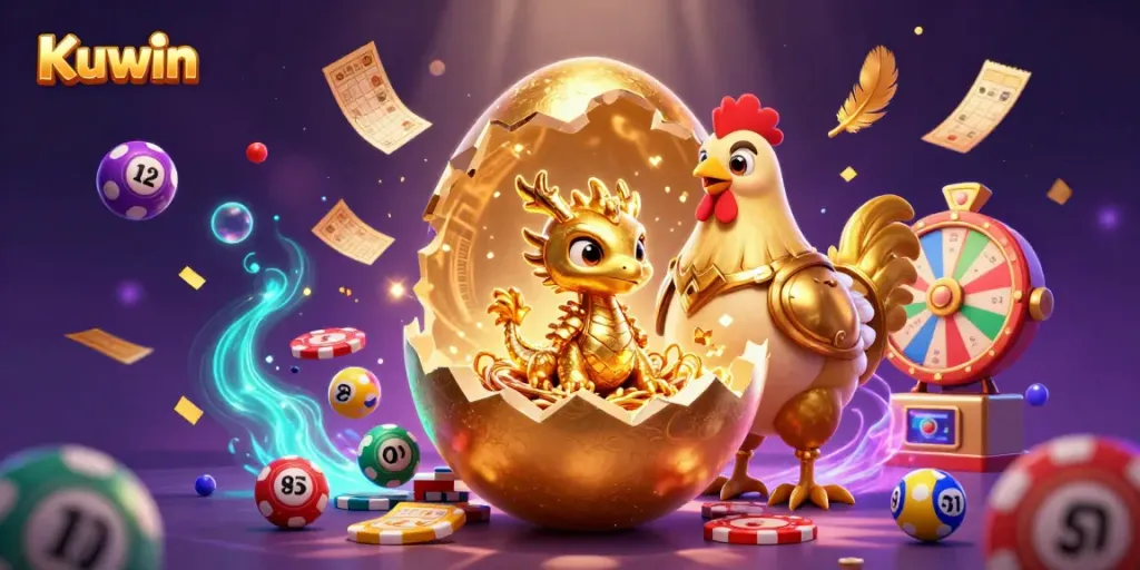Kuwin reveals a golden baby dragon on poker chips amidst a vibrant casino scene.