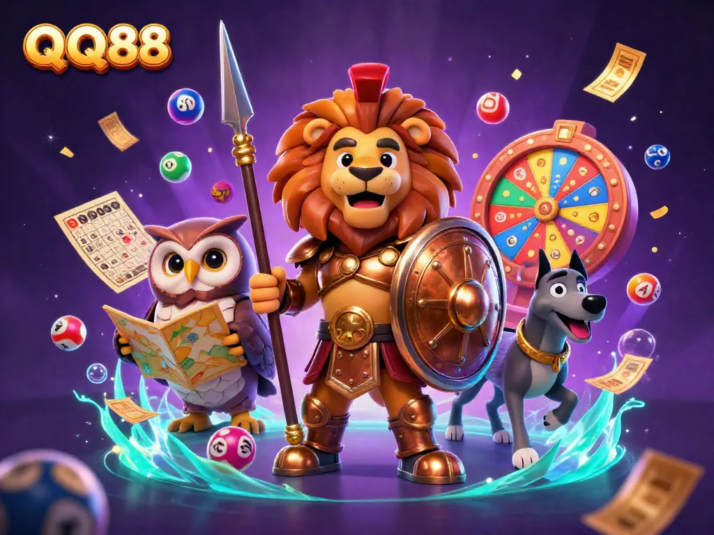 Engage with QQ88's thrilling games featuring a 3D lion warrior, tactical owl, and greyhound amidst vibrant casino elements.