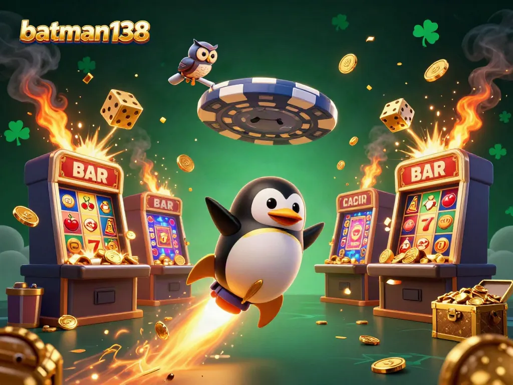 Experience batman138 with a vibrant 3D illustration showcasing a rocket-powered golden penguin amid a casino space theme.