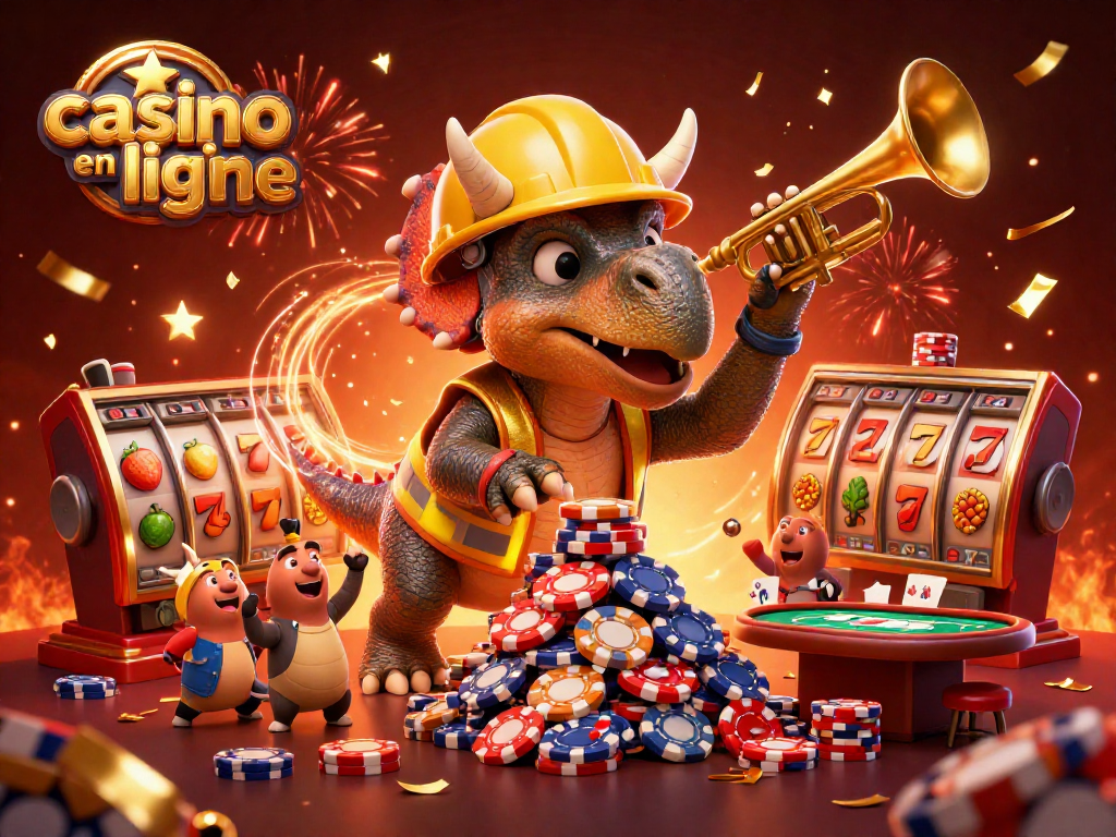 Découvrez le plaisir de jouer au casino en ligne avec un triceratops et un parasaurolophus célébrant autour de jetons et de machines à sous.