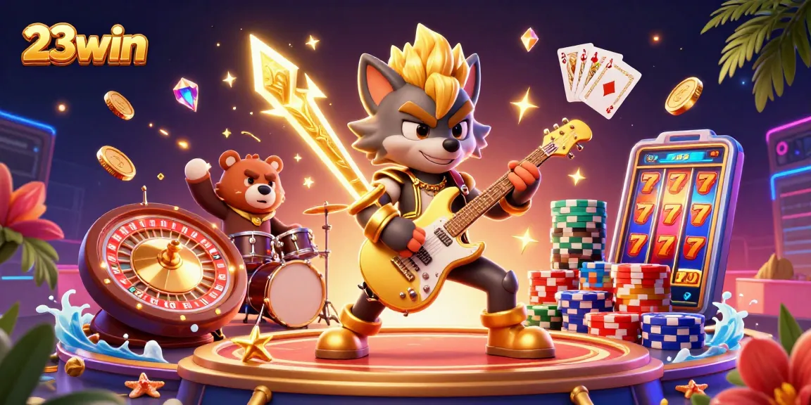 Experience the electrifying world of 23win with a rock star wolf and exciting casino action.