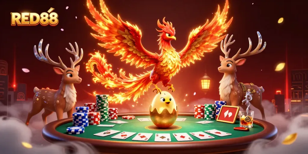 Engage in the thrilling world of RED88 gaming, with vibrant phoenixes and poker chips in this dynamic illustration.