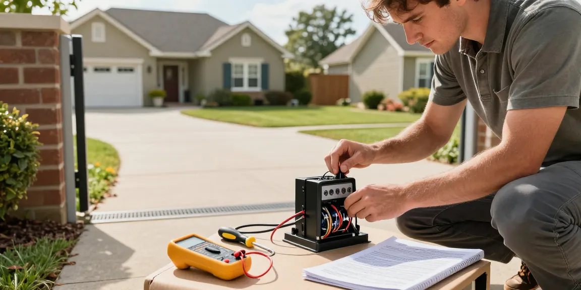 Mighty Mule gate opener troubleshooting scene with a person inspecting the mechanism and tools in a suburban driveway.