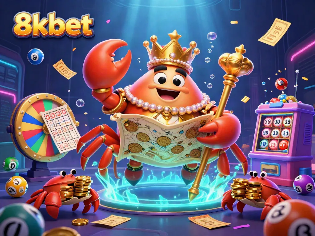 Experience vibrant 8xbet gameplay with a golden crab emperor, colorful lottery elements, and a dynamic casino atmosphere.