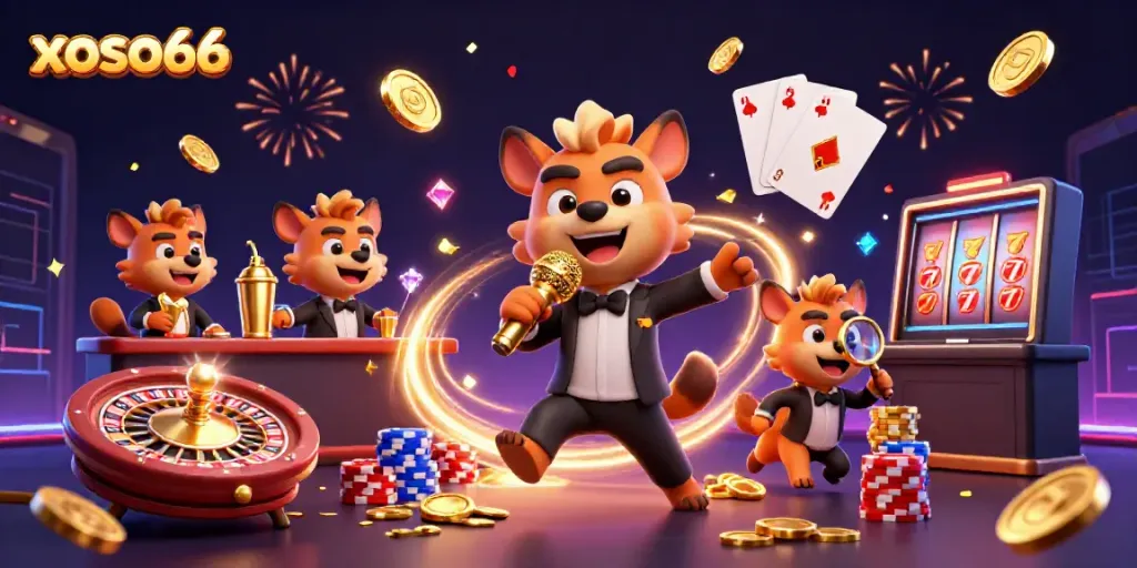 Experience the lively xoso66 comedy casino club with hyenas performing and vibrant gaming elements.