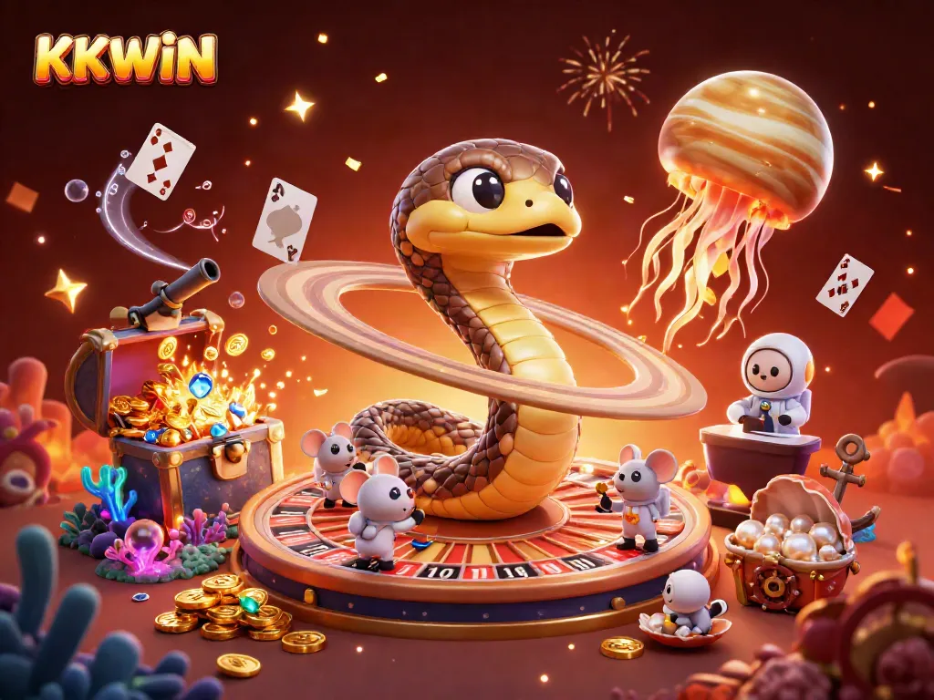Place bets with KKWIN amid a cosmic gambling scene featuring floating treasures and colorful characters.