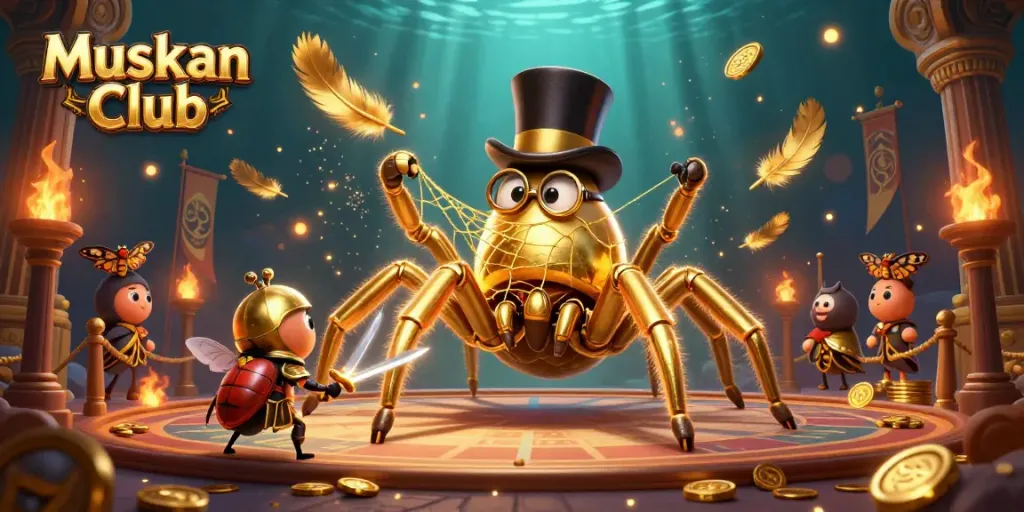 Engage with Muskan Club through a dynamic 3D illustration of a golden tarantula and beetle knight in a vibrant casino scene.