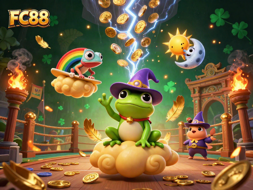 Play and win with FC88 in this vibrant 3D casino illustration featuring lucky elements!
