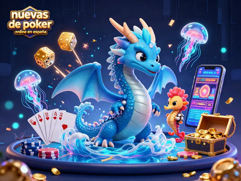 Ilustración de nuevas salas de póker online en España con dragón de agua y caballito de mar en un ambiente de casino.