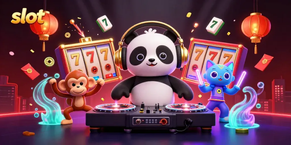 Engage with slot action in a vibrant dance scene featuring a DJ panda, breakdancing monkey, and rave kitten.