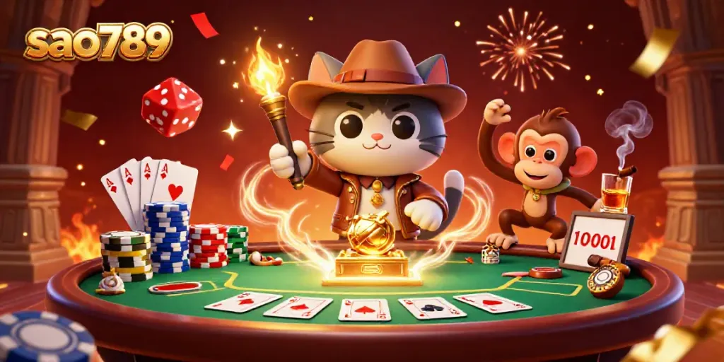 Explore the thrilling world of sao789 with a casino archaeologist cat uncovering treasures in this dynamic 3D scene.